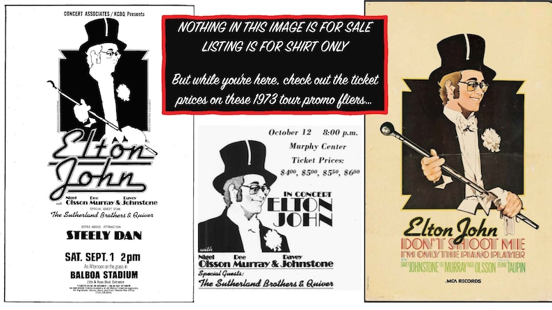 K&ouml;nnte beinhalten: Ein schwarz-wei&szlig;es Konzertplakat f&uuml;r Elton John mit einem Cartoon-Bild von Elton John in einem Zylinder und Monokel. Das Plakat wirbt f&uuml;r ein Konzert am 1. September im Balboa Stadium mit den Special Guests Olsson Murray & Johnstone und The Sutherland Brothers & Quiver. Das Plakat enth&auml;lt auch den Text "Steely Dan".