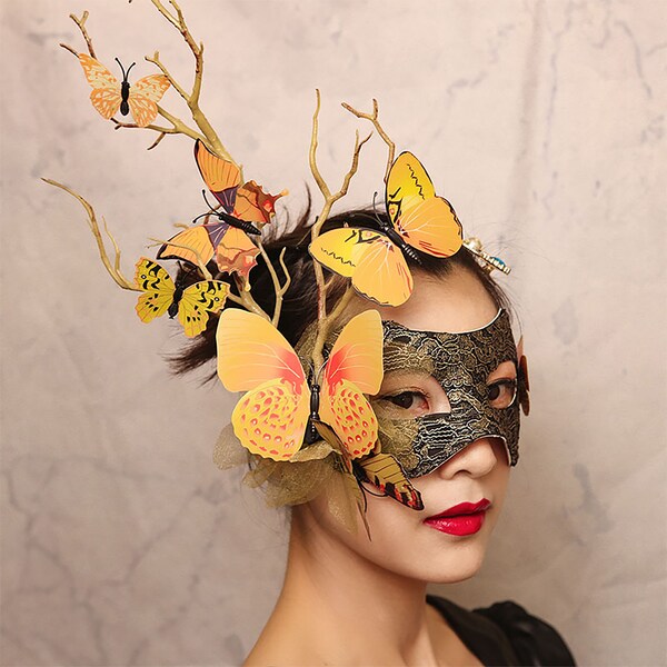 Exaggerated Venice yellow butterfly mask branches Halloween carnival masquerade party