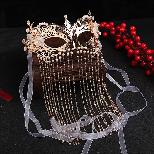Mask ancient style exotic dancer dance veil headdress fringed fairy mask golden accessories bride Golden Mystic Metal Mask Masquerade