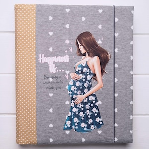 Diario de Embarazo / Convertirse en Mamá / Libro para Futura Mamá / Álbum de Lino Bordado con Nombre / Álbum de Fotos con Dibujos y Scrapbooking / Cuaderno