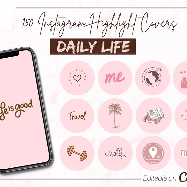 150 Everyday Instagram Highlight Covers, Trendy Lifestyle Instagram Story Icons,Girly Pink Influencer Highlight Illustrations,Canva Editable