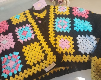 Granny Square Jacket Cardigan Grandma Quadret Sweater Patchwork Crocheted Handmade