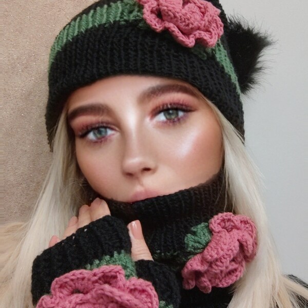 Daisy Rose Granny Square Fingerless Gloves, Knitted Winter Set Handmade Knit Hat, Grannysquare Collar Gift for Women