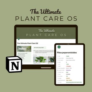 Puede incluir: Una pantalla de computadora portátil que muestra un sistema de cuidado de plantas digital llamado "The Ultimate Plant Care OS". El sistema incluye una colección de plantas, un índice y un perfil detallado de la planta Pilea peperomioides, también conocida como la planta del dinero chino.