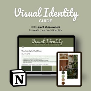 Könnte beinhalten: Ein Laptop-Bildschirm zeigt einen Leitfaden für die visuelle Identität von Pflanzenläden. Der Leitfaden enthält eine Farbpalette mit den Farben Grün, Braun und Weiß. Der Text auf dem Bildschirm lautet "Visuelle Identität für Pflanzenläden".