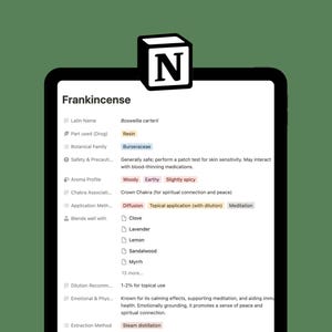 May include: A digital note card with information about frankincense, including its Latin name, botanical family, aroma profile, and uses. The card also includes a list of essential oils that blend well with frankincense.