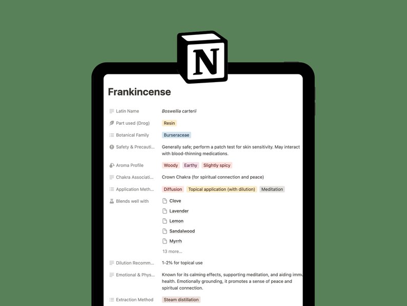 May include: A digital note card with information about frankincense, including its Latin name, botanical family, aroma profile, and uses. The card also includes a list of essential oils that blend well with frankincense.