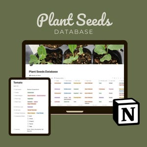 Può includere: Uno schermo di computer portatile che mostra un sito web intitolato "Database di semi di piante" con una tabella di informazioni sulle piante. Uno schermo di tablet più piccolo mostra un elenco di varietà di pomodoro. Il sito web e il tablet sono su uno sfondo verde con un logo Notion nell'angolo in basso a destra.