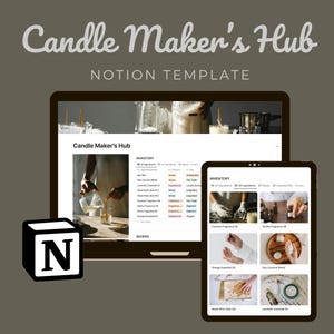 Puede incluir: Una captura de pantalla de una plantilla de Notion para fabricantes de velas. La plantilla incluye secciones para inventario, recetas y notas. La plantilla se muestra en la pantalla de una computadora portátil y una tableta. El logotipo de Notion está en la esquina inferior izquierda de la imagen.