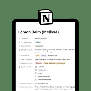 May include: A digital note with information about lemon balm, also known as Melissa. The note lists the Latin name, part used, botanical family, safety and precautions, aroma profile, chakra association, application methods, blends well with, dilution recommendation, and emotional and physical benefits.