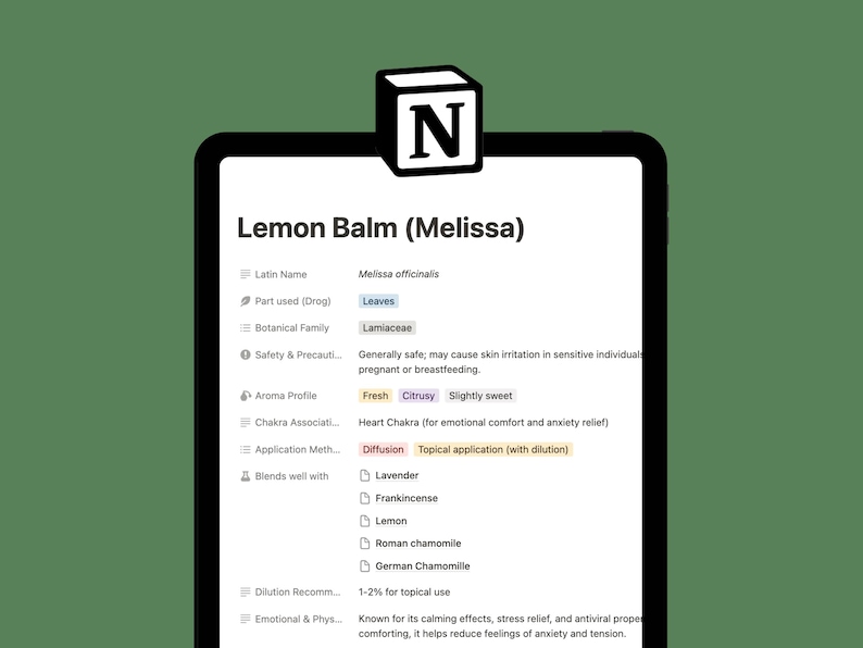 May include: A digital note with information about lemon balm, also known as Melissa. The note lists the Latin name, part used, botanical family, safety and precautions, aroma profile, chakra association, application methods, blends well with, dilution recommendation, and emotional and physical benefits.