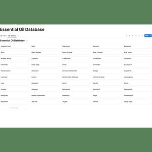 May include: A white screen with the title "Essential Oil Database" and a list of essential oils in alphabetical order.