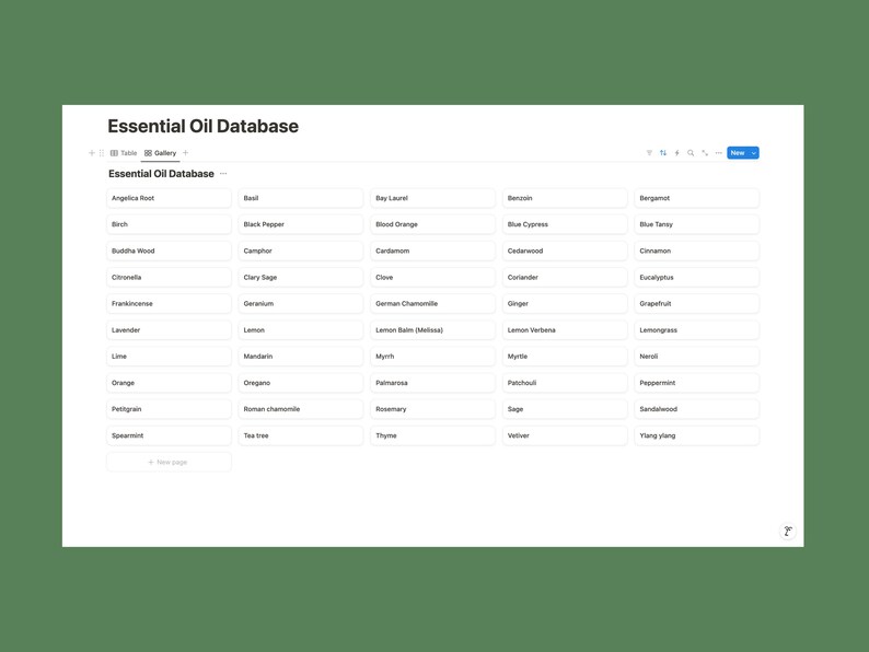 May include: A white screen with the title "Essential Oil Database" and a list of essential oils in alphabetical order.