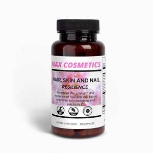 May include: A brown bottle with a white label that reads "MAX COSMETICS" and "HAIR, SKIN AND NAIL RESILIENCE". The label also includes the text "Enhances the strength and resilience of hair and nail tissue, improves skin moisture and elasticity". The bottle has a white cap and contains 100 capsules. The label also includes three symbols: a "cruelty-free" bunny, a "vegan" leaf, and an "FDA" logo.