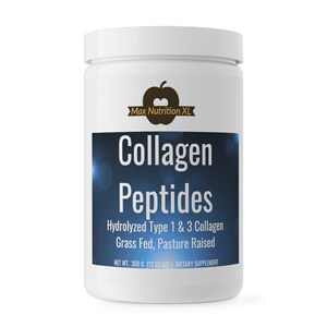 May include: A white plastic container of Max Nutrition XL Collagen Peptides. The label features the text "Collagen Peptides", "Hydrolyzed Type 1 & 3 Collagen", and "Grass Fed, Pasture Raised". The net weight is 12.35 oz.