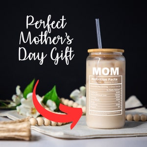 Mom Nutrition Fun Facts Iced Coffee Cup, Mommy Gift, Coffee Cup, Mothers Day Gift, 16oz Glass Bamboo Lid Cup Gift image 3