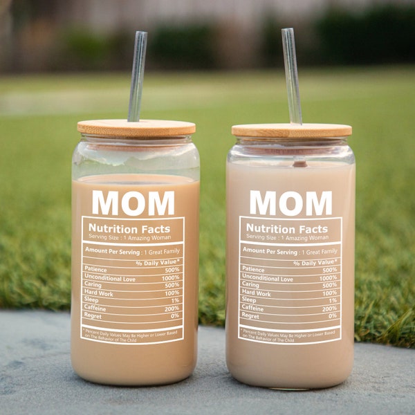 Mom Nutrition Fun Facts Iced Coffee Cup, Mommy Gift, Coffee Cup, Mothers Day Gift, 16oz Glass Bamboo Lid Cup Gift