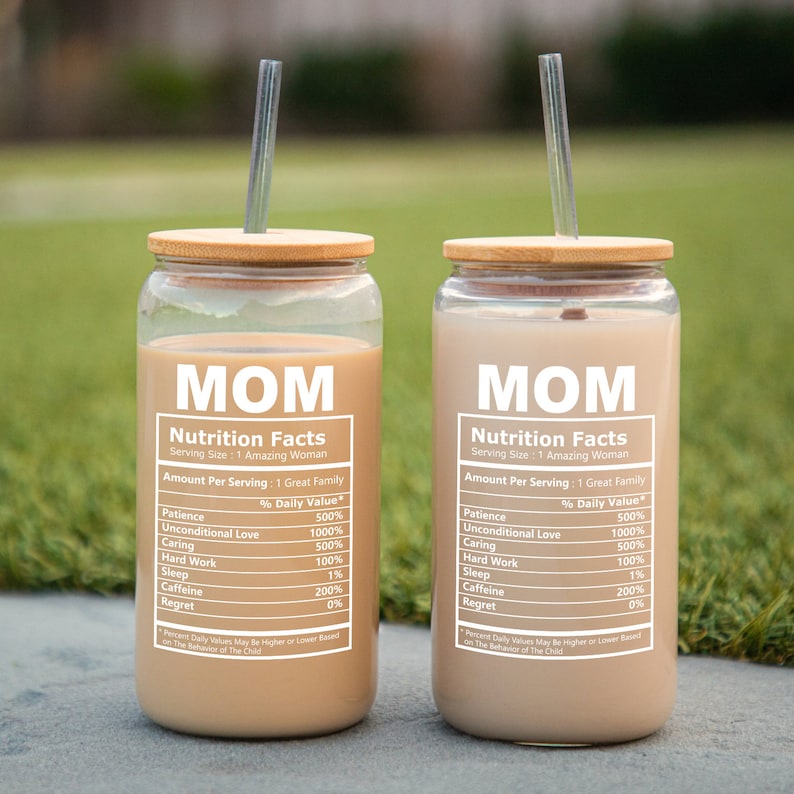 Mom Nutrition Fun Facts Iced Coffee Cup, Mommy Gift, Coffee Cup, Mothers Day Gift, 16oz Glass Bamboo Lid Cup Gift image 1