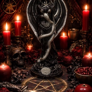 Puede incluir: Una escena g&oacute;tica oscura con una estatua negra alada que sostiene una serpiente. Velas rojas, una calavera y un pentagrama se disponen sobre una tela estampada, creando un ambiente m&iacute;stico. Una daga decorativa y un cuenco de bayas completan la escena.
