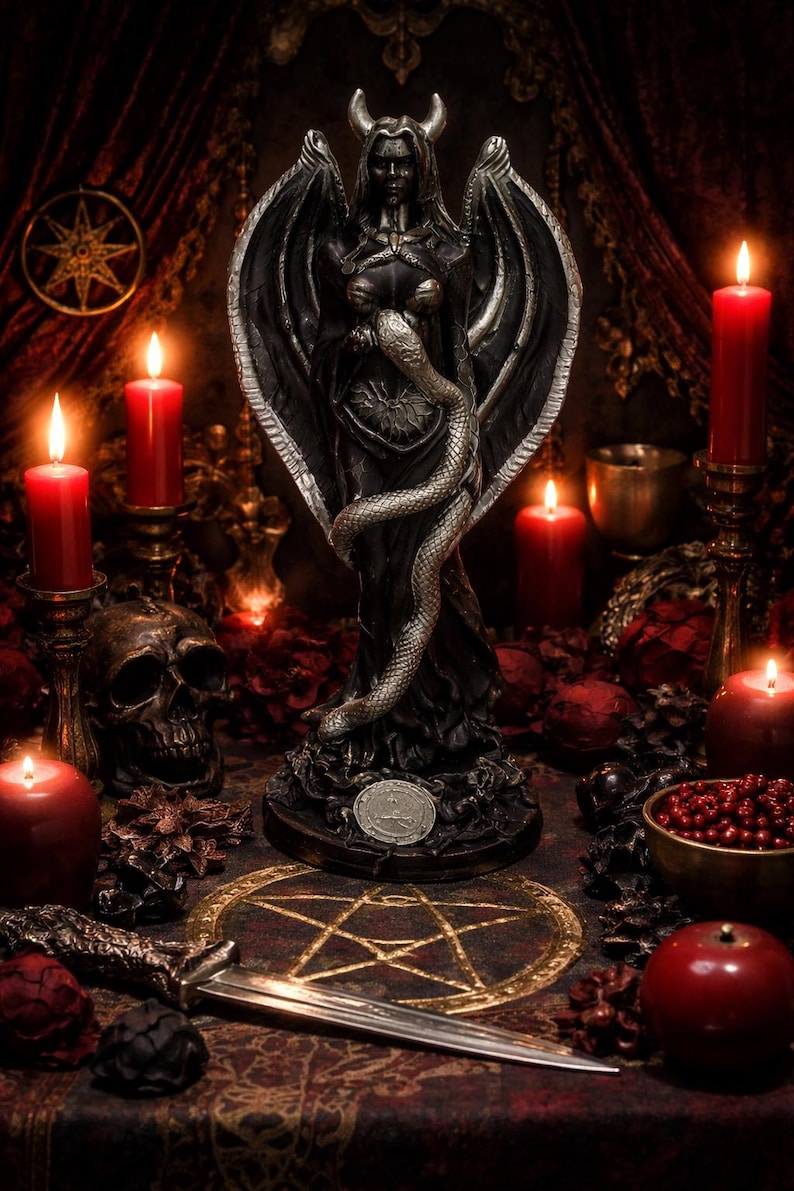 Puede incluir: Una escena g&oacute;tica oscura con una estatua negra alada que sostiene una serpiente. Velas rojas, una calavera y un pentagrama se disponen sobre una tela estampada, creando un ambiente m&iacute;stico. Una daga decorativa y un cuenco de bayas completan la escena.