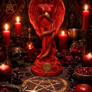 Puede incluir: Una estatua roja de una figura alada sosteniendo una serpiente, rodeada de velas, una calavera y un pentagrama. La estatua tiene cuernos y est&aacute; adornada con un emblema dorado. La escena se desarrolla sobre una superficie oscura y estampada con una est&eacute;tica g&oacute;tica dram&aacute;tica.