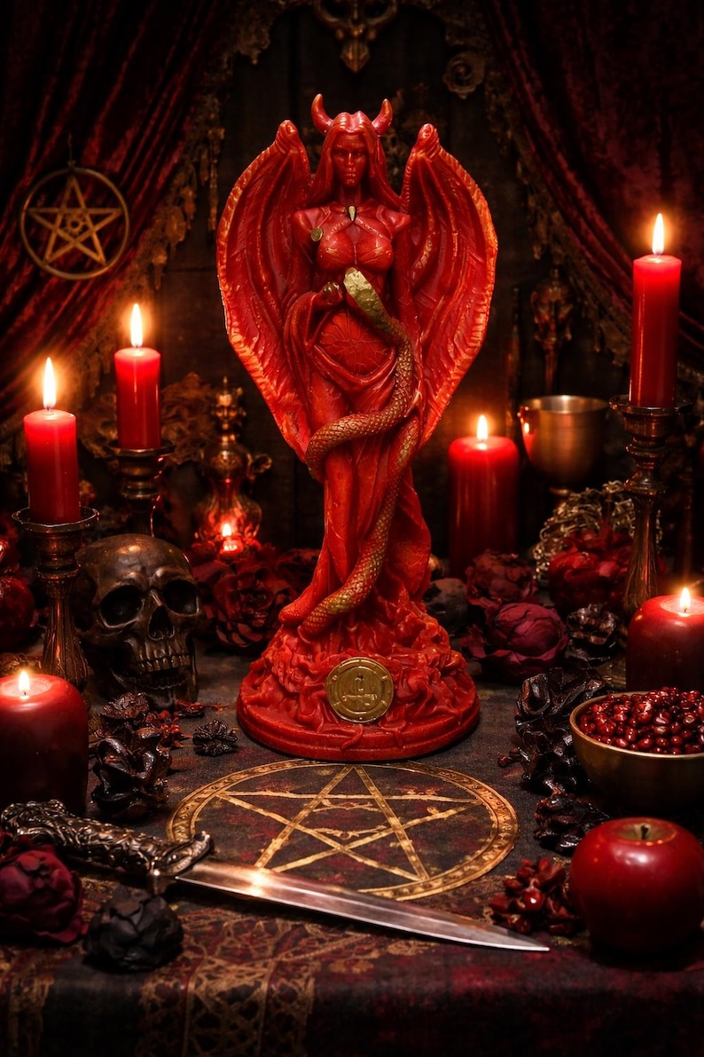Puede incluir: Una estatua roja de una figura alada sosteniendo una serpiente, rodeada de velas, una calavera y un pentagrama. La estatua tiene cuernos y est&aacute; adornada con un emblema dorado. La escena se desarrolla sobre una superficie oscura y estampada con una est&eacute;tica g&oacute;tica dram&aacute;tica.