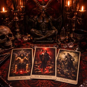 Può includere: Un'immagine cupa e gotica con carte dei tarocchi intitolate "Il Diavolo", "Il Mago" e "La Morte". La scena include un teschio, candele, una statua e un pentagramma, creando un'atmosfera misteriosa e occulta.