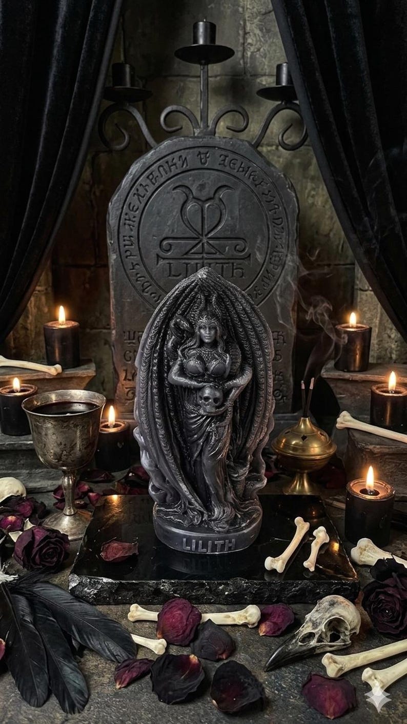 Puede incluir: Una estatua gris oscuro de Lilith sosteniendo una calavera, con una tableta de piedra detr&aacute;s. La estatua est&aacute; rodeada de velas, huesos y p&eacute;talos de rosa secos. La palabra "Lilith" est&aacute; inscrita en la base de la estatua.