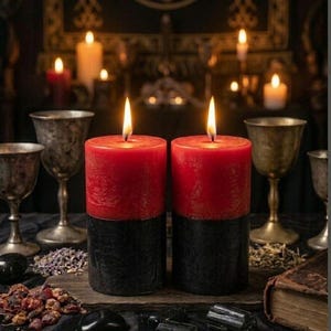 May include: Two lit, two-toned red and black pillar candles. The candles are on a wooden surface, surrounded by silver goblets, dried herbs, and crystals. The background features more candles and a pentagram.
