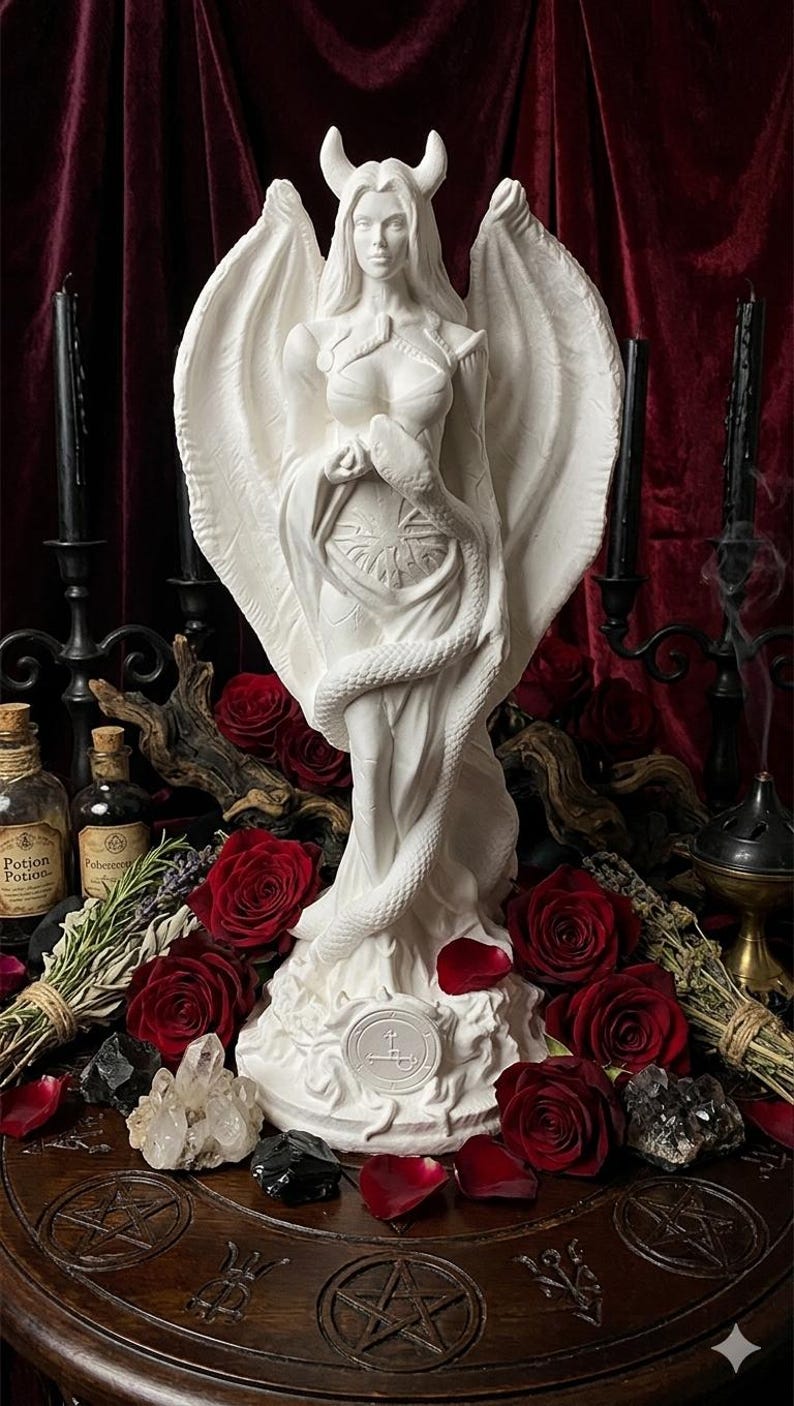 Puede incluir: Una estatua blanca de una figura alada con cuernos, sosteniendo una serpiente, rodeada de rosas rojas, cristales y velas. La estatua est&aacute; sobre una mesa de madera con grabados de pentagramas. Se ven botellas etiquetadas como "Potion".