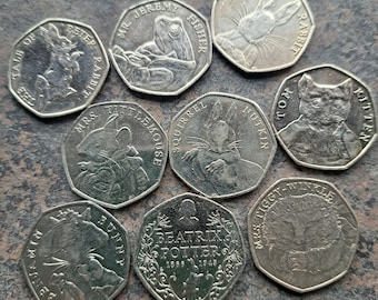 Beatrix Potter 50p coins (UK/GB) in good circulated (used) condition. Ideal for collecting, gifts or jewellery/craft making.