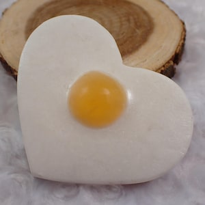 Large White Jade Crystal Fried Egg Heart - Thick Crystal Egg Love - White Yellow Jade 3.25 Inch Fried Egg - Yellow White Carving #CRVNG#2256