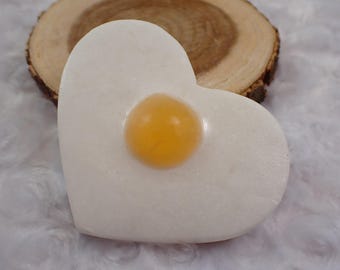 Large White Jade Crystal Fried Egg Heart - Thick Crystal Egg Love - White Yellow Jade 3.25 Inch Fried Egg - Yellow White Carving #CRVNG#2256