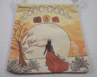 1 Piece Spiritual Woman Fabric Crystal Pouch - Yellow Orange Gray White Linen Fabric - Natural Earthy Moon Woman Tarot Card Bag #POUCH#1029
