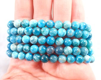 One Blue Apatite Crystal Bead Bracelet - 6mm Small Smooth Round Beads - Shiny Opaque Blue - Natural Blue Apatite Beaded Bracelet #BRCLT#1200