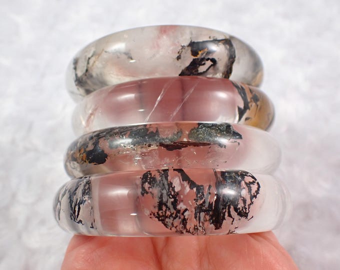 Featured listing image: 62.0mm Stunning Herkimer Diamond Crystal Bangle Bracelet - Smooth Flat Inside Black Dendrites - Polished Perfect Bangle Crystal #JEWEL#1656