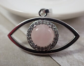 1 Piece Natural Rose Quartz Crystal Eyeball Pendant - Copper Plated Silver - 34x17x8mm Large Eye Pendant - Rose Quartz Cabochon #PNDNT#1022