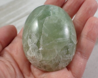 1 Piece Natural Fluorite Crystal Palm Stone - Medium Green Oval Gallet - Green White Smooth Crystal Palmstone - Natural Fluorite #PALMS#1121