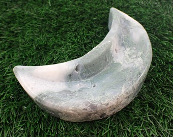 Stunning Natural Green Moss Agate Moon Shaped Crystal Bowl - Large Thick Heavy Moon Shaped Bowl - 5.25 Inch Green Moss Agate #BOWLS#1109