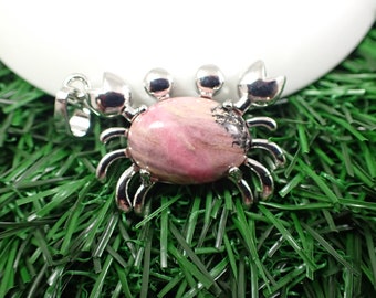 1 Piece Rhodonite Crab Crystal Pendant - Silver Metal Corner Hanging Pendant - 30x23x7mm Rhodonite Oval Cabochon - Silver Pink #PNDNT#1031