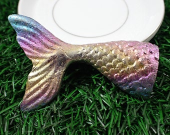 Mermaid Tail Bismuth Crystal Carving - Rainbow Textured Fish Tail - 3 Inch Metal Hollow Carving - Pink Blue Green Yellow Tail #ANMLS#1080