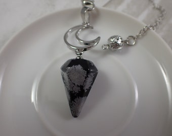 1 Piece Snowflake Obsidian Crystal Moon Pendulum - Faceted Pointy Crystal - Silver Metal Moon - 9.5 Inches Silver Chain Pendulum #PNDLM#1001