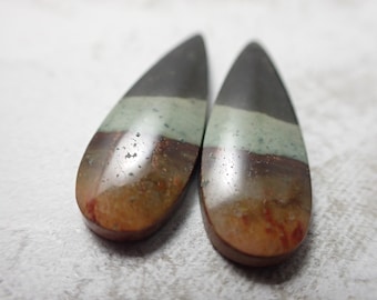 Mini Set Teardrop Crystal Cabochons - Natural Polychrome Jasper - Smooth Polished Flat Back - Green Gray Red Orange Polychrome #CBCHN#1083
