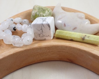 Gemini Crystal Bowl Set - All Pieces Included - Handmade Wood Bowl - Agate Moon Face Carving - Serpentine Mini Point - Moonstone Howlite