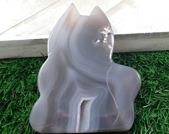 Large Druzy Agate Crystal Cat Carving - Tall Standing Blue Gray White Cat - 4.25 Inch Druzy Agate Cat Crystal - Flat Smooth Cat #ANMLS#1165