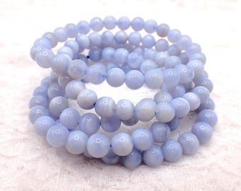 One Blue Lace Agate Crystal Bracelet - 7mm Smooth Rounded Nugget Beads - Light Blue White Banding - Natural Blue Bead Bracelet - #BRCLT#1240