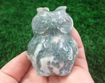 Natural Moss Agate Crystal Owl Carving - Standing Crystal Owl White Green - 2.25 Inch Owl Carving - Blue Green White Moss Agate #ANMLS#1057