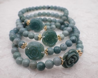 Beautiful Natural Blue Water Jade Crystal Bracelet - Crystal Flower Bead Bracelet - 7mm Round Jade Beads - Adjustable Bracelet #BRCLT#1229