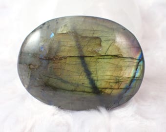 Awesome Natural Labradorite Palm Stone - Strong Flash Silver Rainbow Blue Green - 2.75 Inch Oval - Labradorite Natural Texture #PALMS#1213