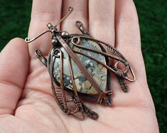 Adorable Wire Wrapped Maligano Jasper Crystal Insect - Teardrop Cabochon Gray Yellow - 2.25 Inch Large Crystal Bug - Handmade #ACSRY#1009